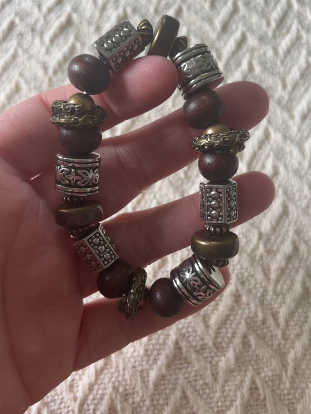 Boho Mixed Metal Wood Beaded Stretch Bracelet